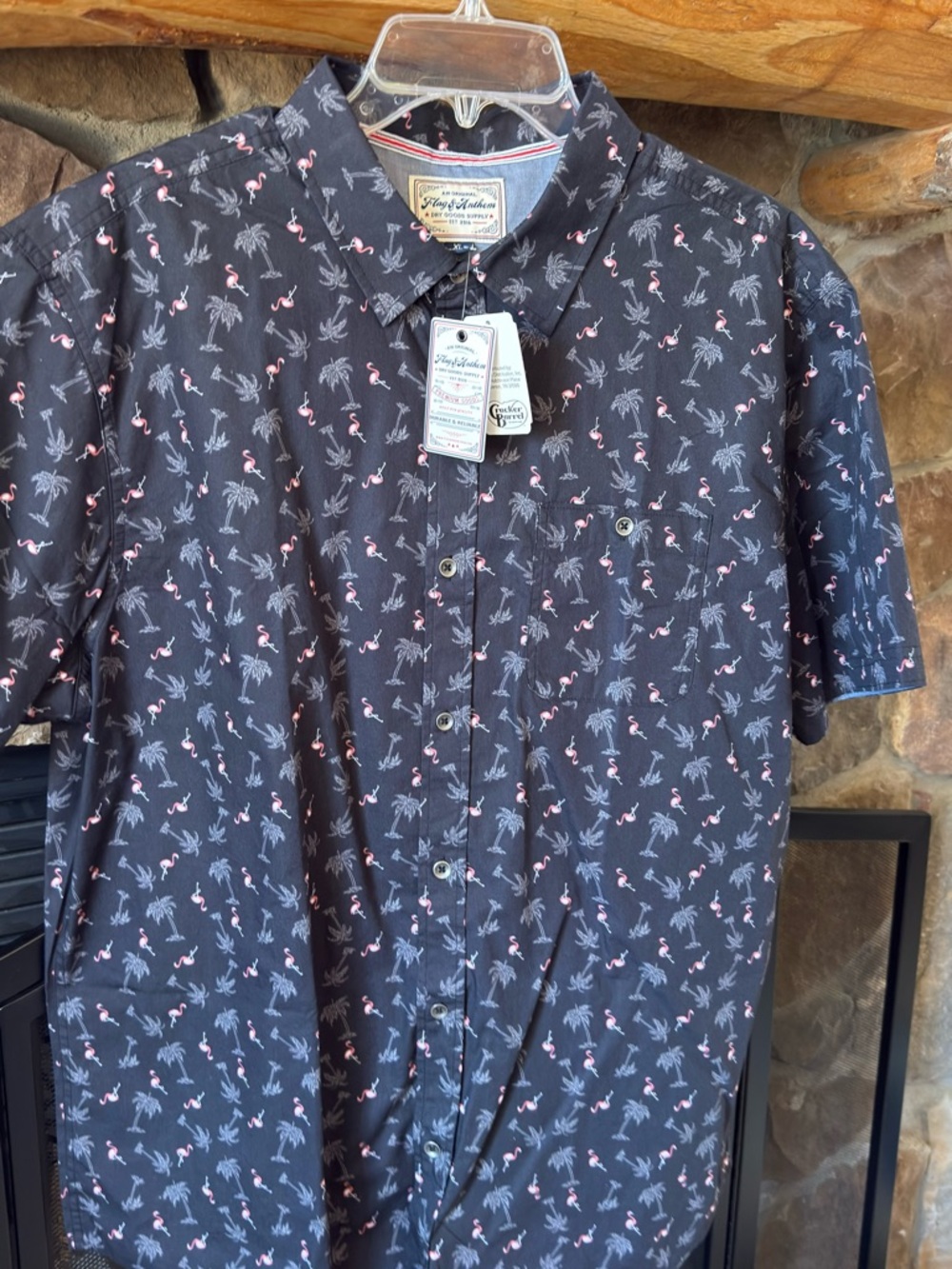 Men’s Navy Flamingo Print Short-Sleeve Shirt - Picture 7 of 7